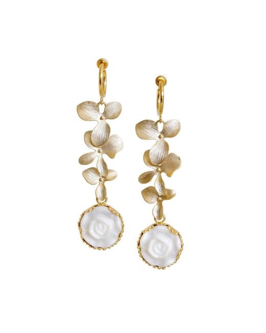 POPORCELAIN Metallic Porcelain Moonlight Rose And Triple Leaves Clip-on Earrings