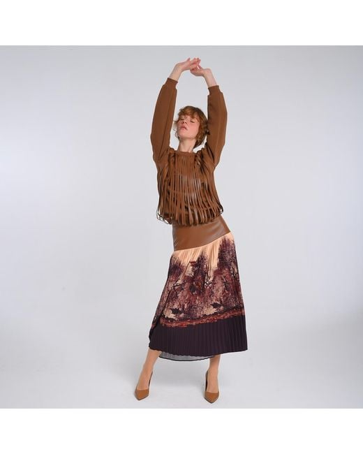 Lalipop Design Brown Neutrals All-Over Graphic Design Pleated Skirt With Vegan Leather Detailing