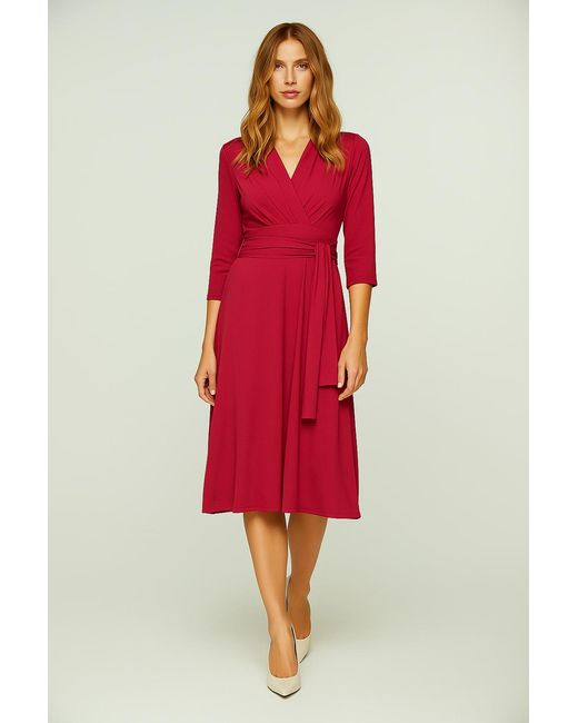 Conquista Red Bordeaux V-Neck Wrap Dress – Soft Viscose Jersey