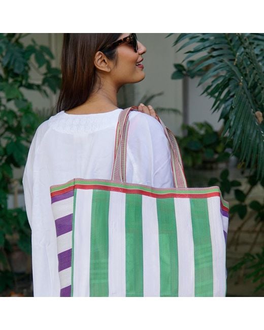 La Mandarine Green Beach Bag, Colourful Striped, Weekender, Tote, Shopper Medium Size, Made From Recycled Nylon