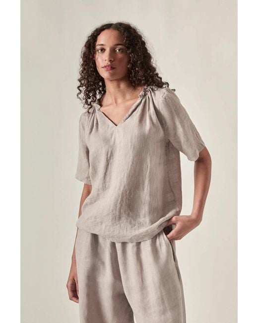 James Lakeland Multicolor Neutrals Taupe Pure Linen Blouse