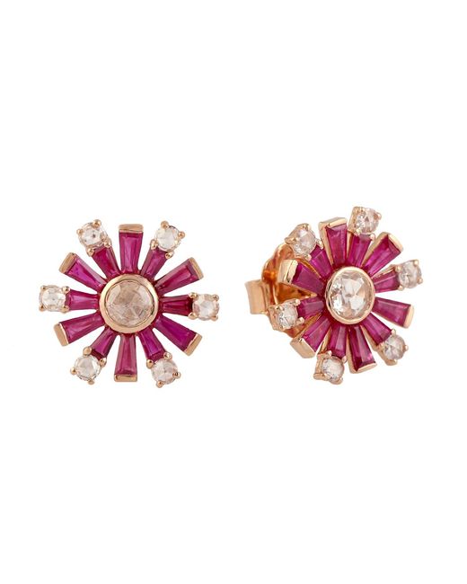 Artisan Pink Ruby & Diamond Sunburst Stud Earrings