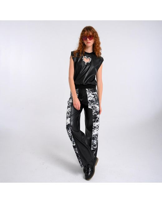 Lalipop Design Black Wide-Leg Vegan Leather Pants Panelled With Abstract Print