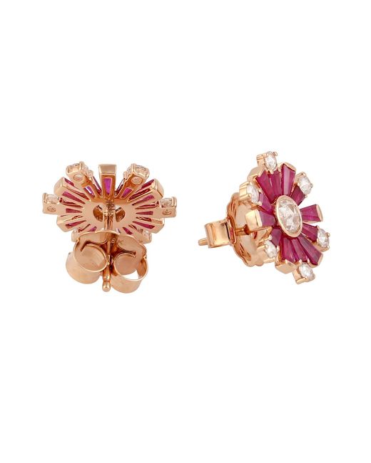 Artisan Pink Ruby & Diamond Sunburst Stud Earrings
