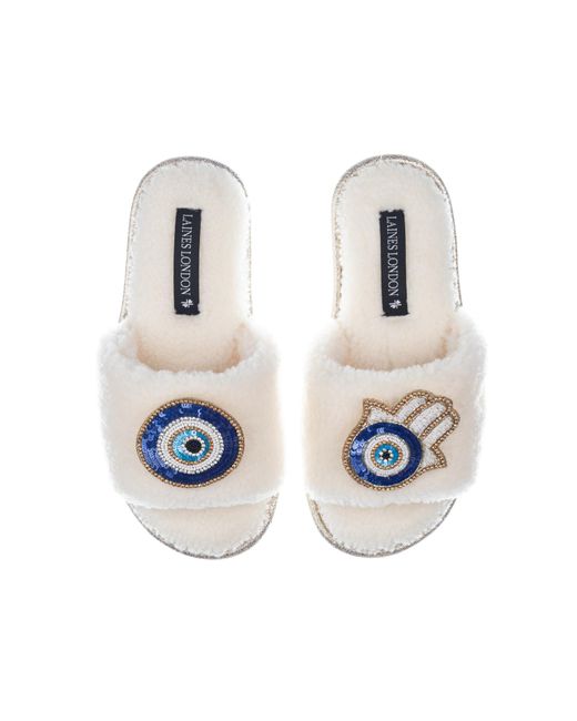 Laines London Blue Teddy Towelling Slipper Sliders With Evil Eye & Hamsa Hand Brooches