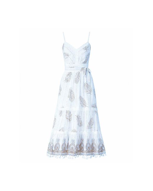 Yumi' Blue Neutrals Ivory Foil Print Midi Sun Dress With Lace Trims