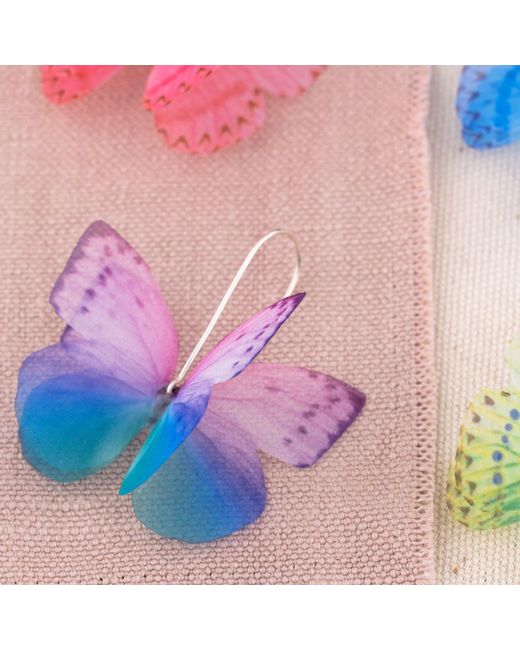 Oana Savu Blue Silk Butterflies Earrings Sterling Wire Dangle Drop Jewelry
