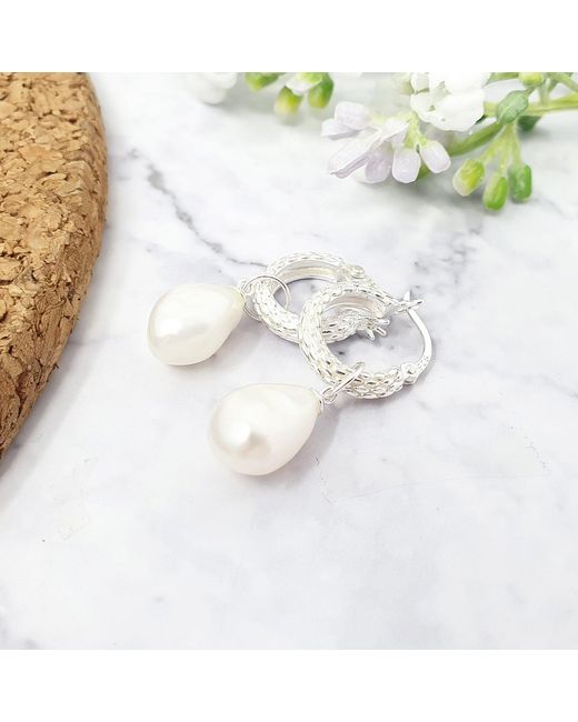 Harfi Metallic Elegant Sterling Basket Weave Hoop Earrings With Freshwater Pearl Charm