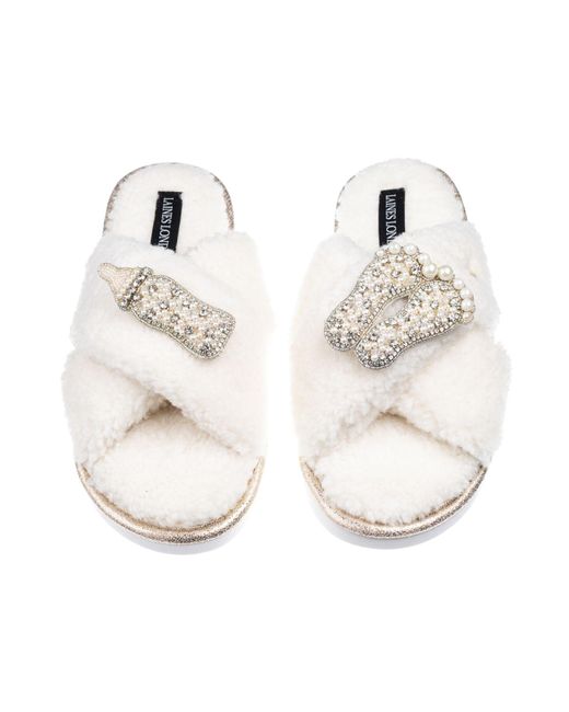 Laines London White Neutrals Laines Neutral Boucle Slippers With New Baby Pearl Brooches