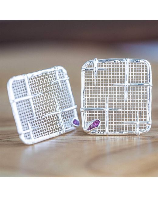 German Kabirski Metallic Takhi Lightweight Sterling & Titanium Mesh Earrings With Natural Ruby