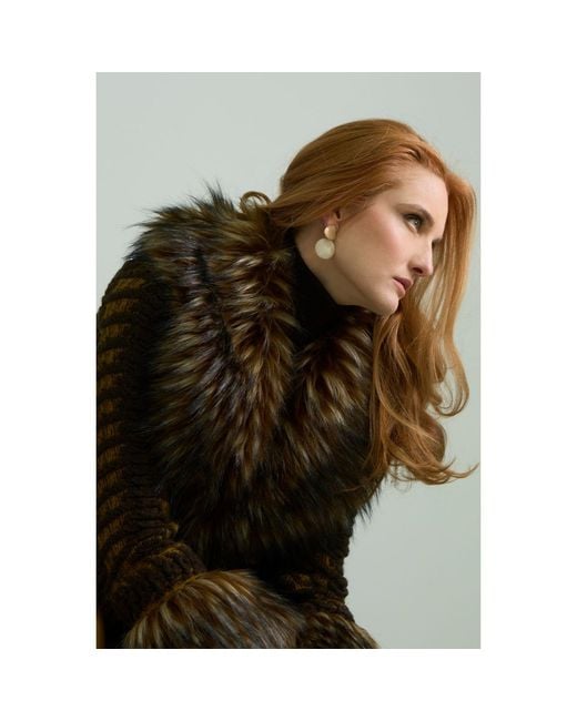 The Extreme Collection Brown Short Knit Coat With Faux Fur Leonore