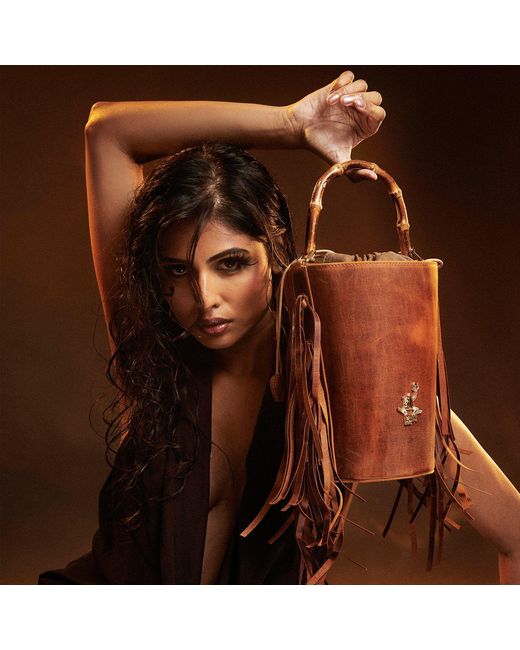 F3Rog by Rana Brown Light Fringe Crossbody Bucket Bag