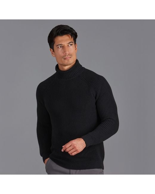 Paul James Knitwear Blue Cotton Jacob Fisherman Rib Knit Roll Neck Jumper for men