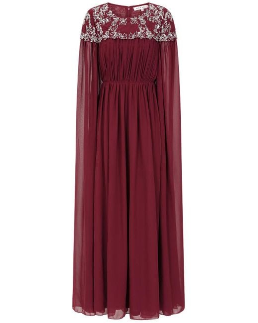 Frock and Frill Red Aruna Burgundy Embellished Cape Sleeve Maxi Dress