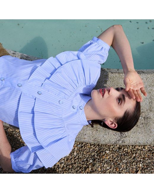 AOIFE Blue Short Sleeve Ruched Cotton Silk Blouse