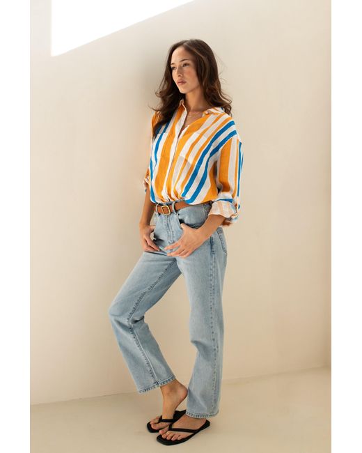 Hut Noosa Blue Zanzibar Stripe Oversized Boyfriend Linen Shirt