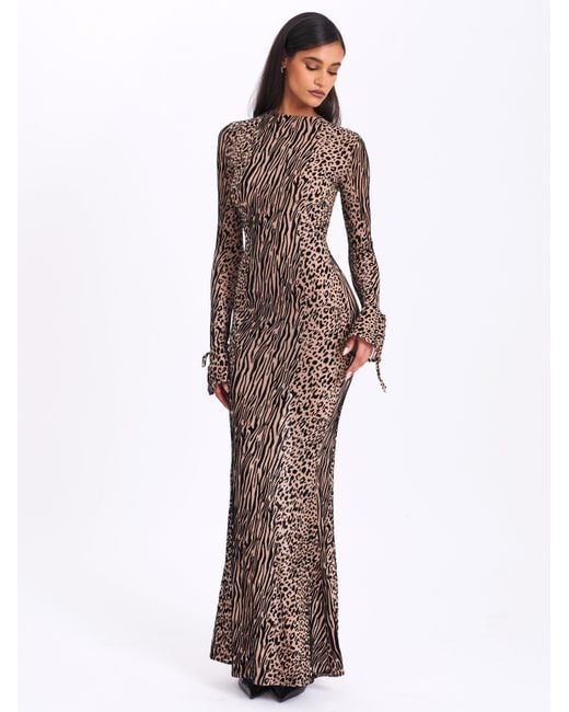 Miss Circle New York Gray Neutrals Waylynn Nude Animal Print Burnout Velvet Detail Mesh Backless Maxi Dress