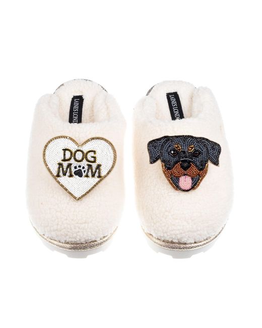 Laines London White Neutrals Teddy Closed Toe Slippers With Dog Mum Mom & Rottweiler Brooches