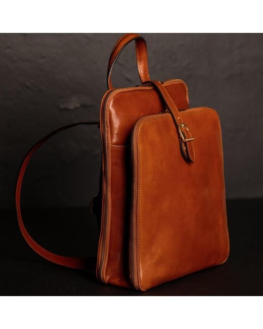 Time Resistance Brown Convertible Leather Backpack Shoulder Bag Cognac
