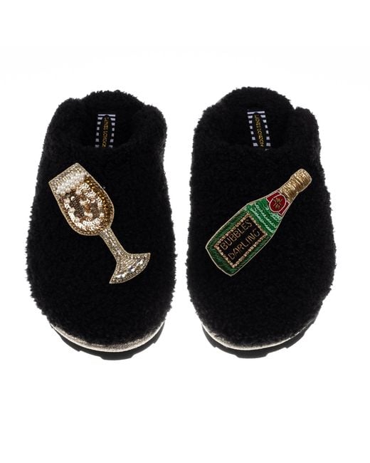 Laines London Black Teddy Towelling Closed Toe Slippers With Embellished Bubbles Darling Brooches