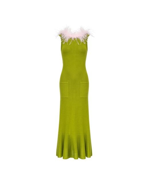 Andreeva Green Chrysanthemum Knit Dress With Real Ostrich Feathers Details