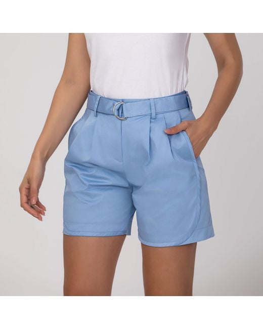 Smart and Joy Blue Neutrals Buckle And Front Pleats Cotton Shorts