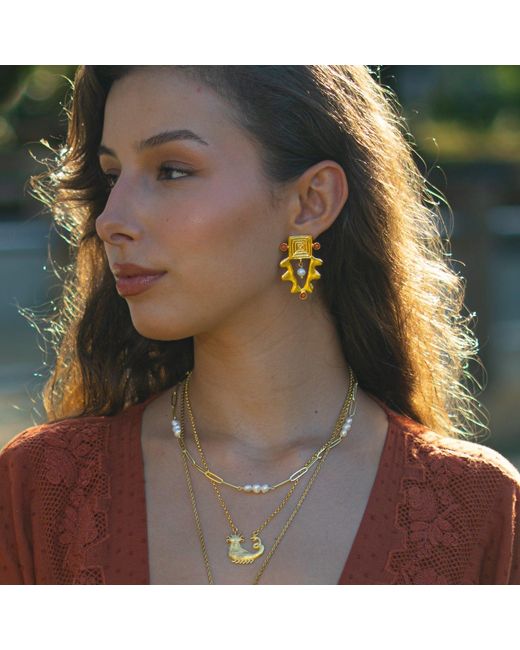 Ebru Jewelry Metallic Isis Charm Coral & Pearl Earrings