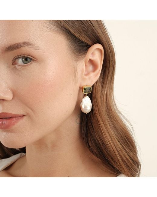 LINYA JEWELLERY Metallic Khaki Crystal Stone Baroque Pearl Dangle Earrings