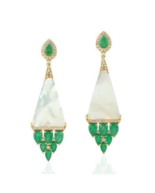 Artisan Green Mother Of Pearl Emerald Dangle Earrings Yellow Gold Diamond Gemstone Jewelry