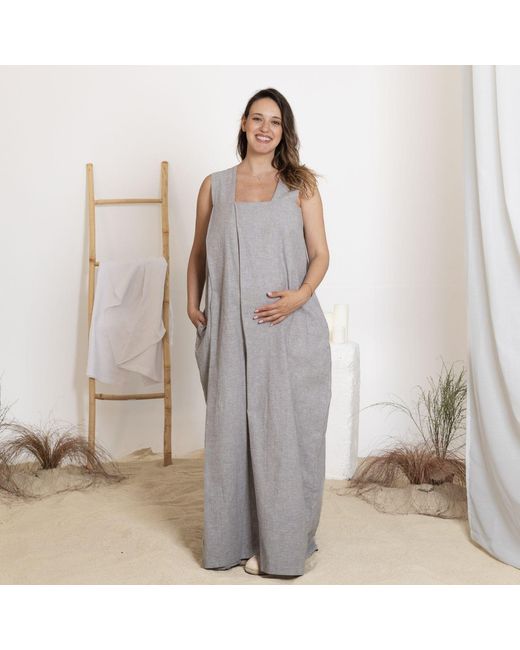 Nikka Place Gray Linen Maternity Kaftan Jumper Dress With Pockets