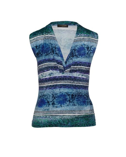 Conquista Blue Print Faux Wrap Sleeveless Top