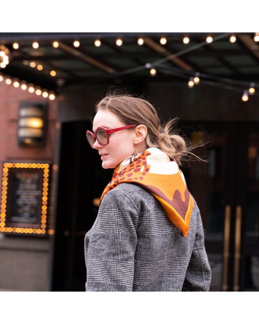 Jessie Zhao New York Brown Silk Bandana Of Leopards With Floral Fountain