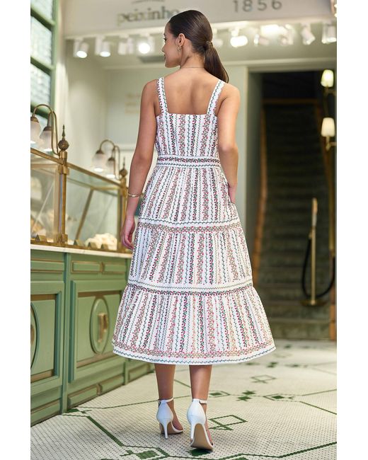 Yumi' White Botanical Stripe Midi Dress With Lace Trims