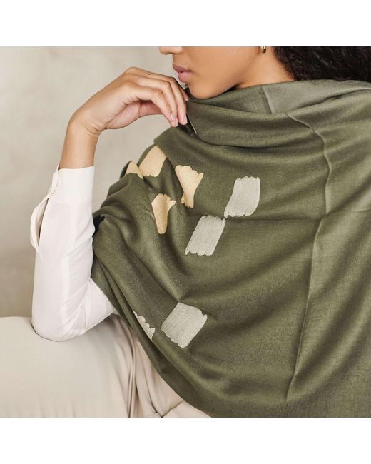 Variously Green Sahara Silk Merino Hand Woven Hand Embroidered Scarf