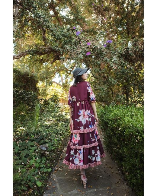 Jennafer Grace Red Plum Rose Velvet Ruffle Maxi Dress