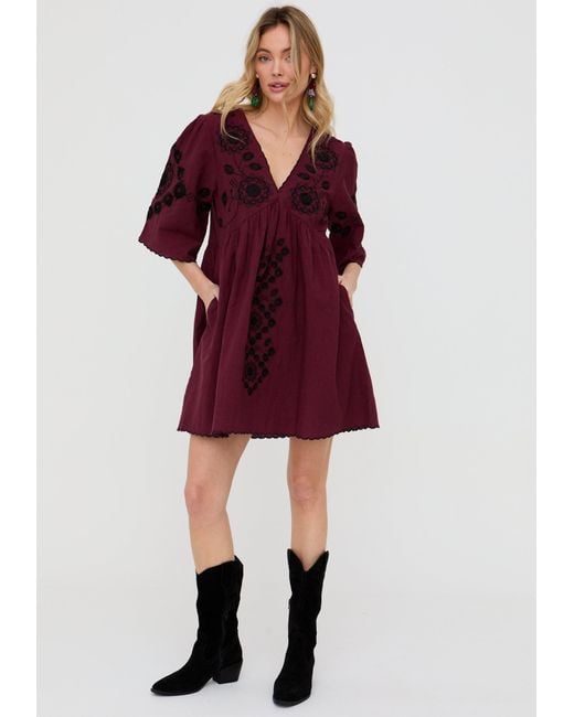 Raffya Arabella V- Neck Embroidered Mini Dress
