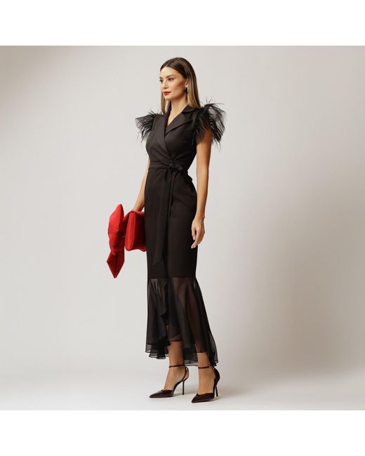 concept A trois Black Long Blazer Wrap Dress With Tulle And Soft Veil