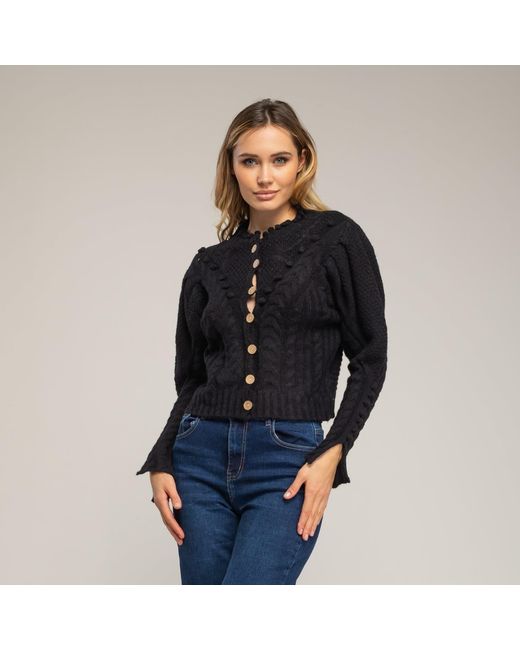 Tantra Spain Sl Black Crochet Knit Jacket With Pom-Pom And Flower Details