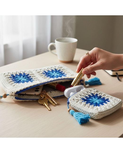 Springmoonatelier Blue Handmade Crochet Bag Set – Lined Cotton Clutch And Mini Pouch