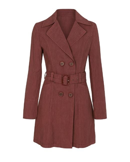 Conquista Red Double-Breasted Belted Trench Jacket