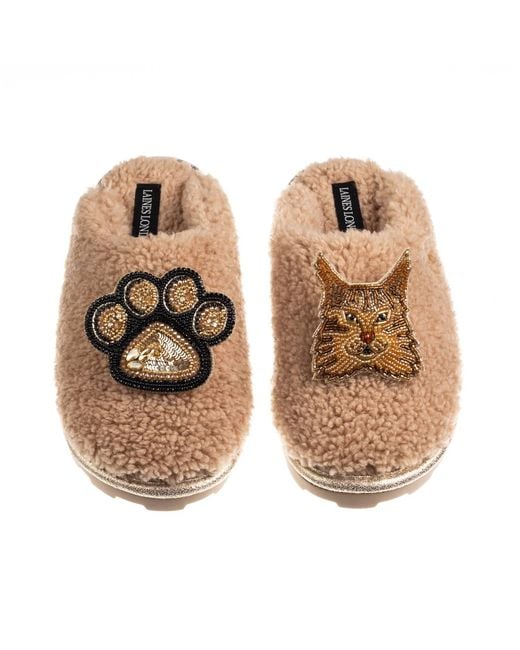 Laines London Metallic Neutrals Teddy Closed Toe Slippers With Paw & Ginger Maine Coon Cat Brooches