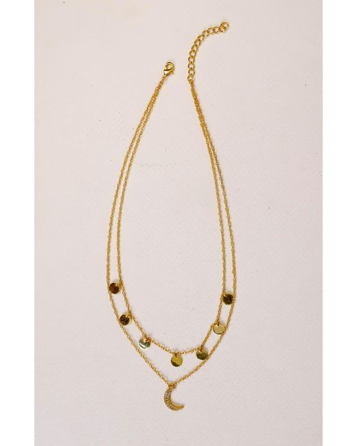 Lila Rasa Metallic Celestial Double Layer Necklace Crecent Cz Moon