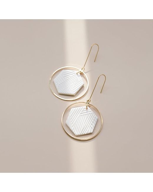 By Chavelli White Hexagon Halo Dangly Earrings