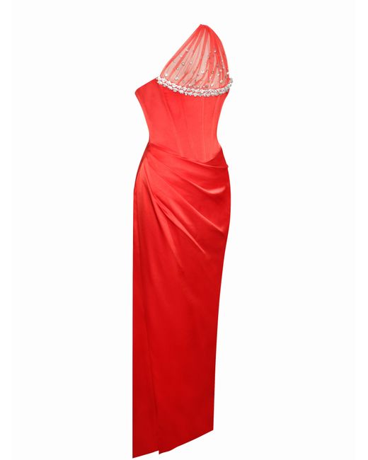 Miss Circle New York Red Lora Scarlet Crystal Embellished Mesh Satin Corset Gown