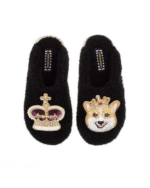 Laines London Black Teddy Towelling Closed Toe Slippers With Sandy The Corgi & Royal Crown Brooches