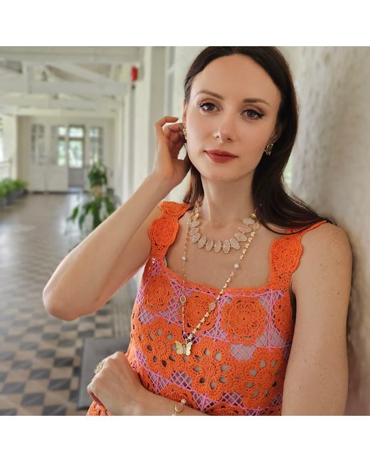 Farra Metallic Butterfly Pendant With Rose Quartz Stones Long Necklace