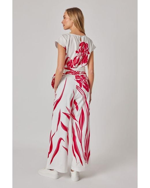 Marianna Déri Red Wide-Leg Pants With Botanical Print And Tie Belt