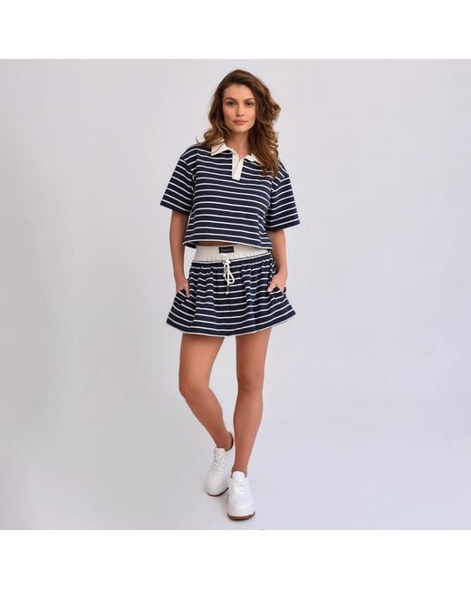 Mandragora Blue Striped Cotton Skirt With Contrasting Fabrics – Goia