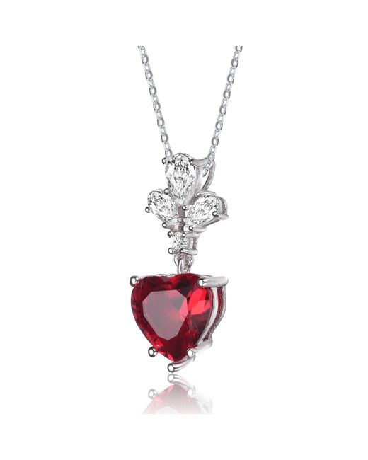 Genevive Jewelry White Sterling Silver Red Cubic Zirconia Heart Pendant Necklace