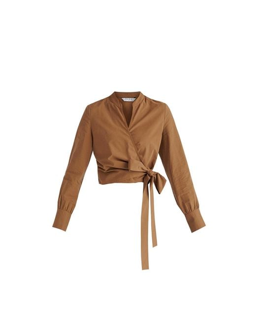 Paisie Brown Split Collarless Wrap Top With Side-Tie Waist